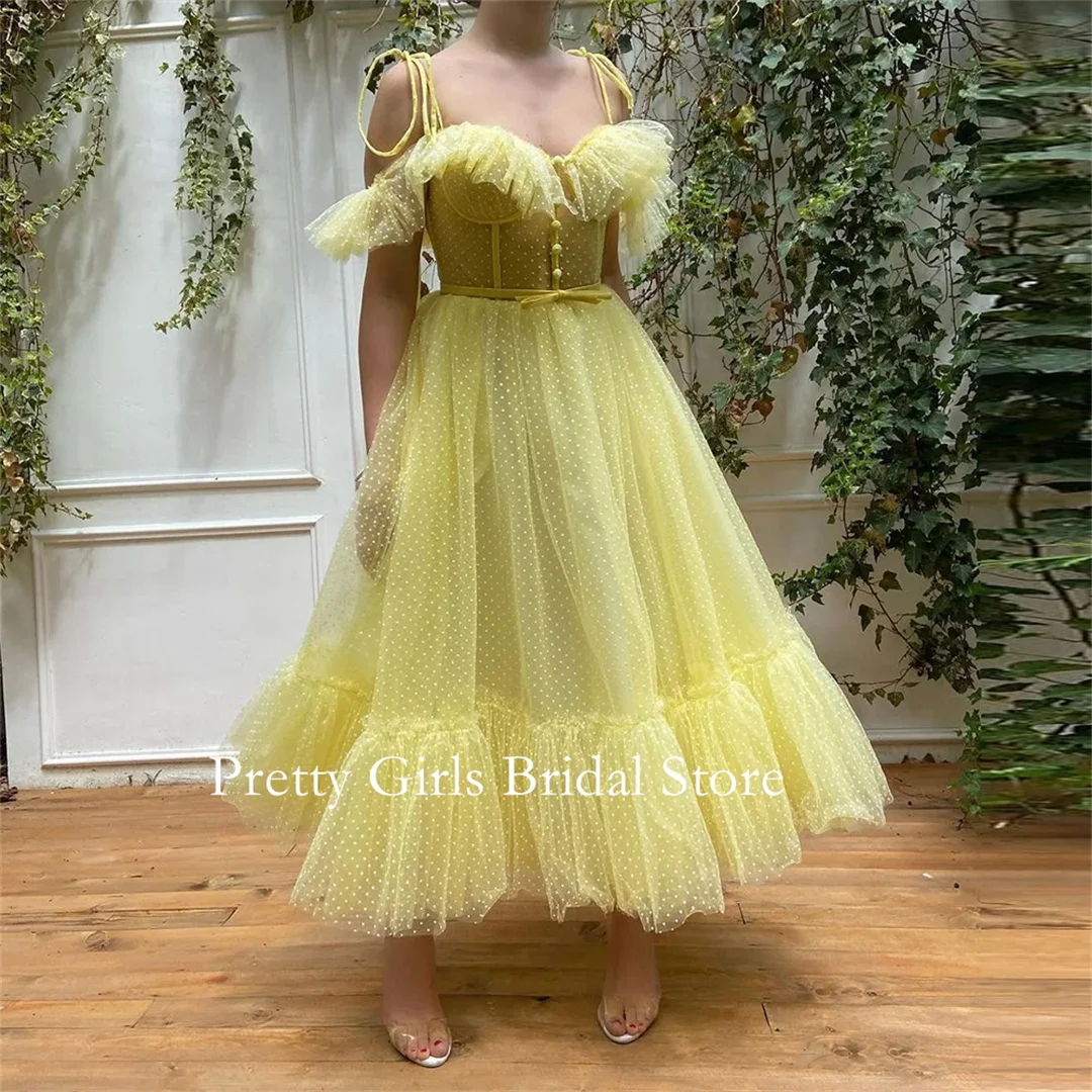 

Elegant Baby Yellow Dotted Tulle Prom Dresses Off Shoulder Sweetheart Pleat Ruched A-Line Wedding Party Gowns Evening Dress