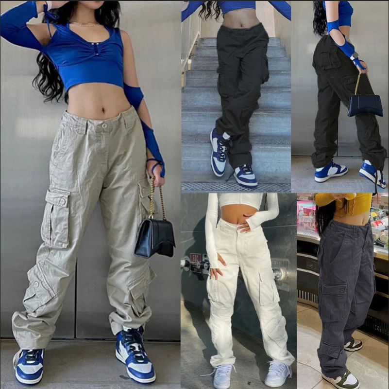 Women's Straps, Trousers, Pockets, Casual Style High Waist Button Long Pants Summer 90s Retro Street Wear Y2K Joint Clothing fashion high quality simplicity women retro genuine leather belts vintage goldenl buckle elegant straps jeans waistband 55001