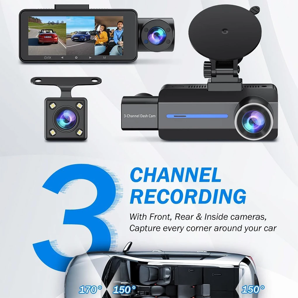 Portable Car DVR Camera 3 WiFi Channel Driving Recorder With Loop Recording Function Rear 1440P High-definition Driving Recorder
