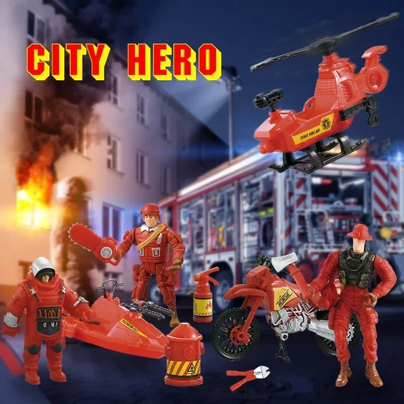 7 in 1 Kids City Fire Fighting Toy Set Simulation Helicopter Speedboat Motorcycle Firefighter Figures Toys for Children Gift