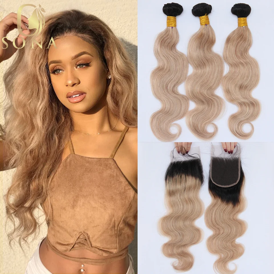 

Honey Blonde Ombre 1B 27 Human Hair Bundles with Closure HD Lace Ash Blonde 3 Bundle with Dark Roots