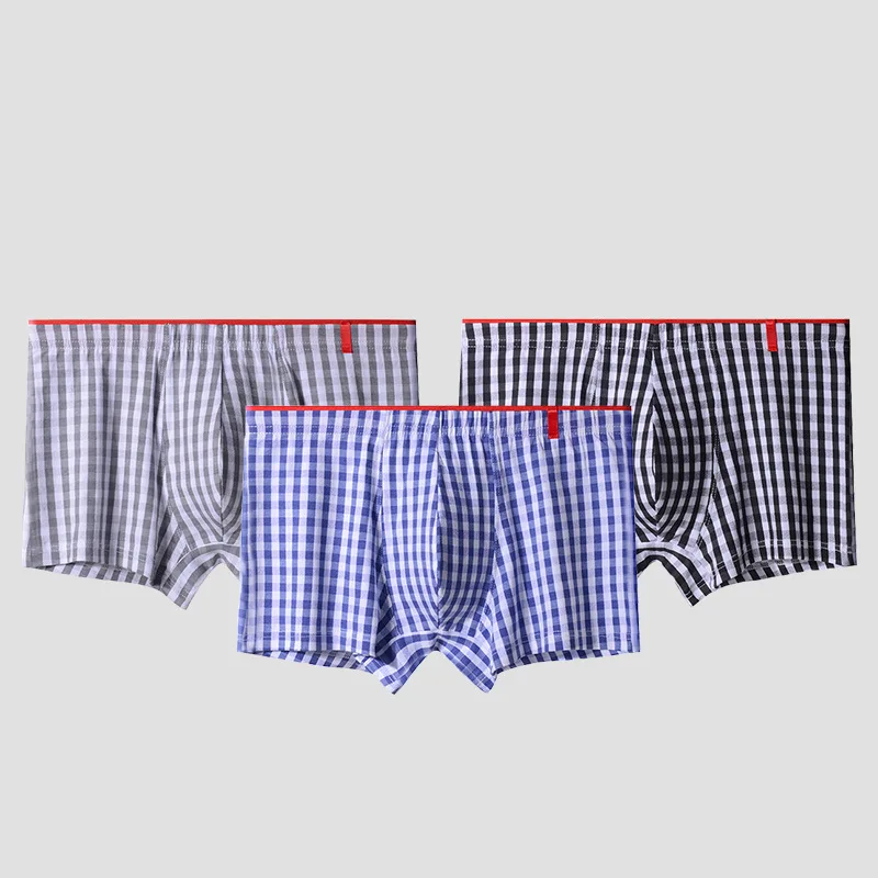 Soft Underwear Boxer Men Cotton Plaid Underpants Comfy Sleep Boxing Shorts Male U Convex Sexy Panties 4pcs Lots Trunks Blue Red