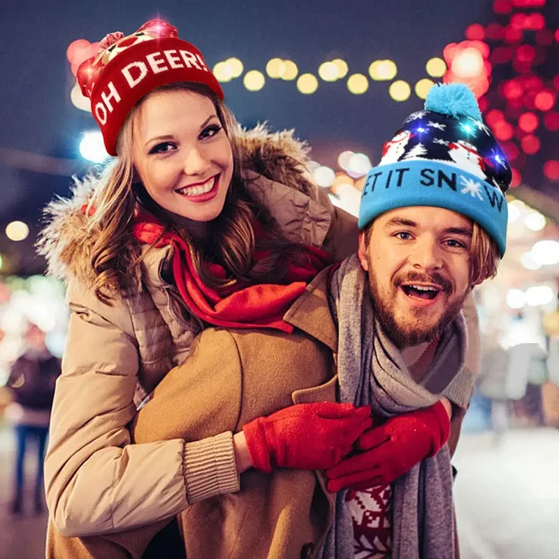Christmas Hats With Led Light Christmas Light Up Sweater Knitted Beanie Xmas Hat for Adults Kids New Year's Decor