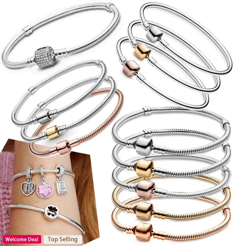 Popular Original Women's For original Charm Classic Bucket Snake Bone Sign Bracelet 925 Sterling Silver Luxury DIY Jewelry 3x5mm mini plastic price cubes display tags adjustable number label stand frame jewelry watch price sign holder