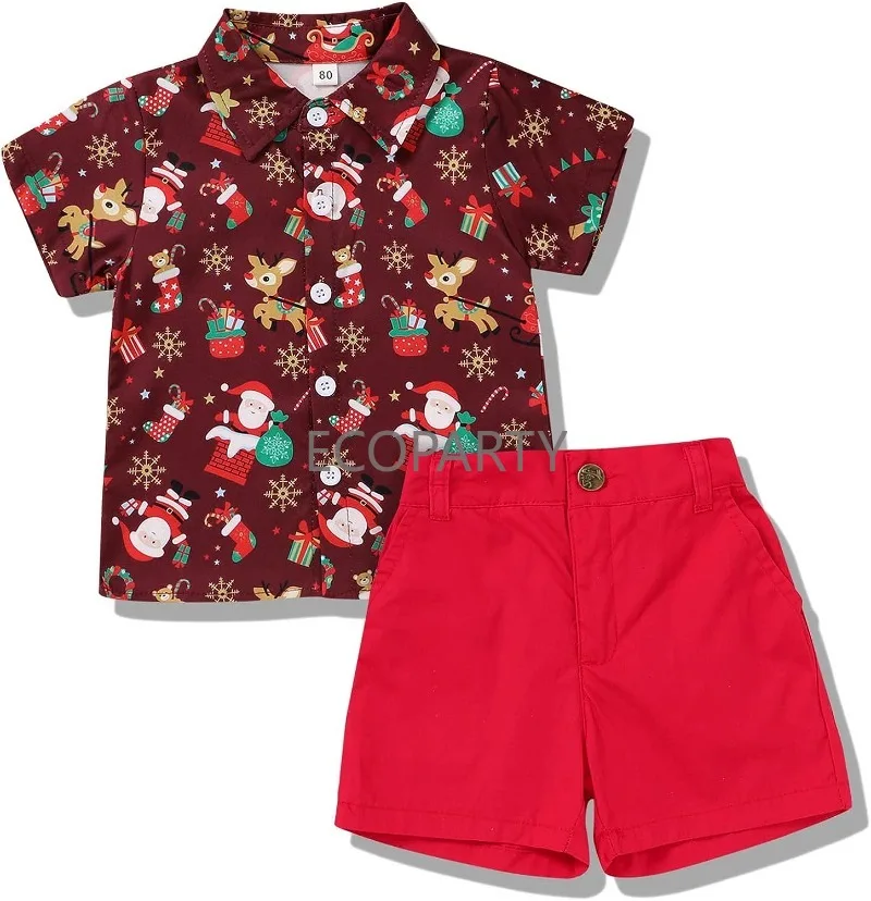 Детская рождественская одежда для малышей и мальчиков, рубашка и шорты с принтом санта клауса и пуговицами, комплект одежды для джентльменов из двух предметов