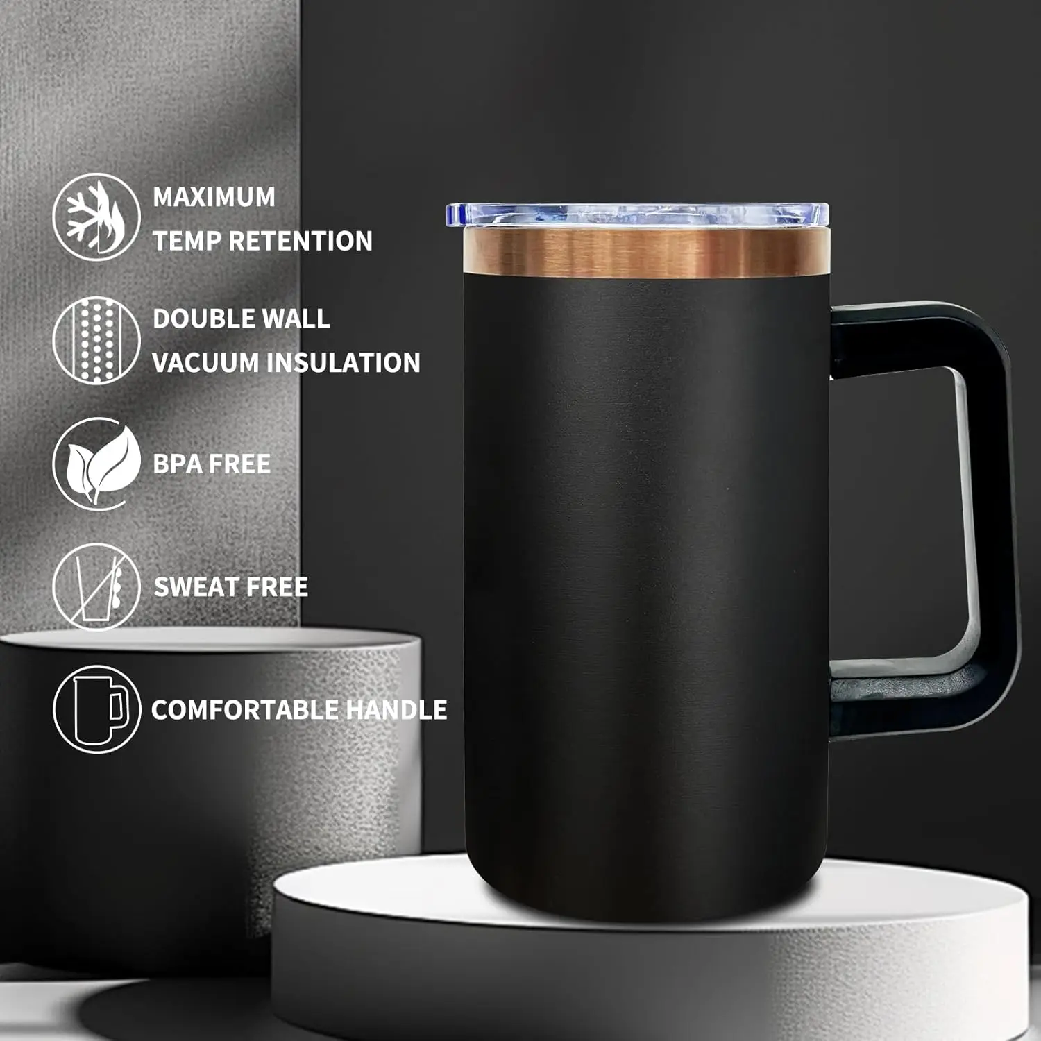 24oz Stainless Steel Coffee Mug with Handle and Lid Reusable Insulated Travel Tumbler