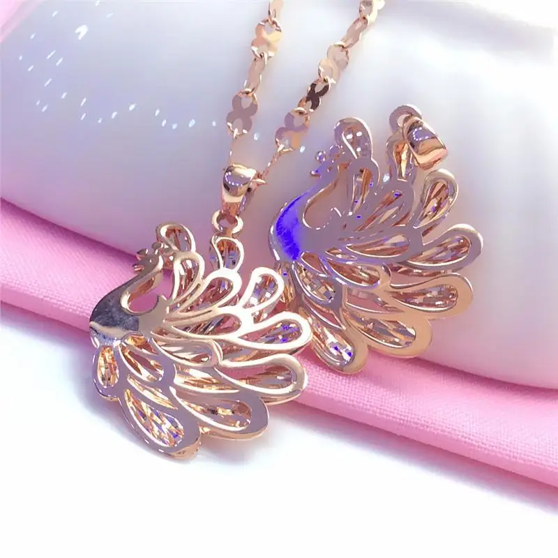 

New 585 Purple Gold Plated 14K Rose Gold Ethnic Peacock Necklace Pendant Shiny Charm Elegant Party Wedding Jewelry Gift