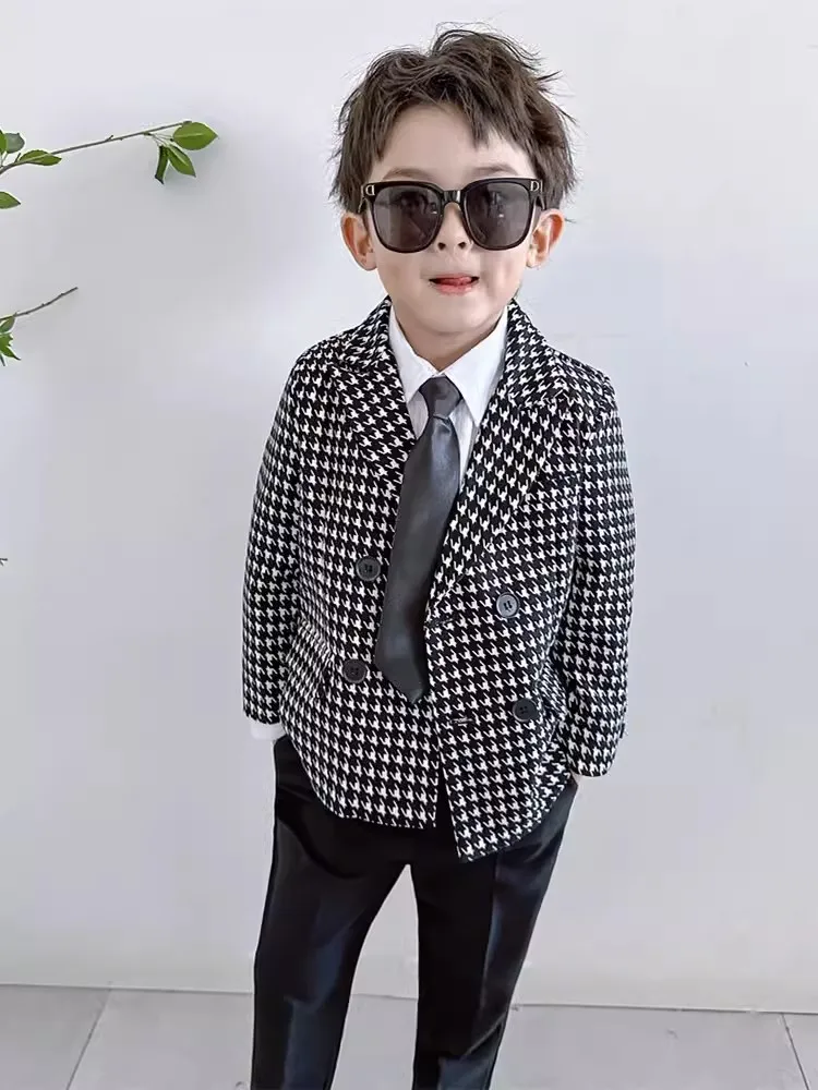 

Children Houndstooth Jacket Pants Tie 3PCS Photograph Suit Kids Birthday Party Dress Boys Wedding Brides Performance Party Set