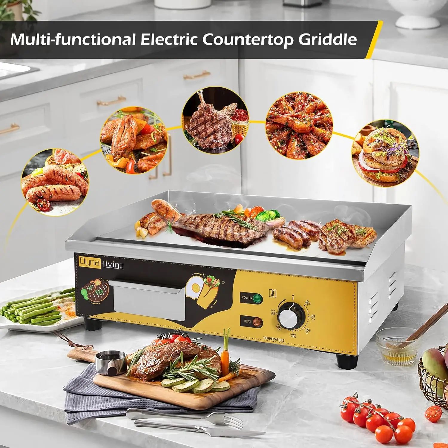 Electric Griddle 22'' Stainless Steel Countertop Griddle 3000W 110V Flat top Grill Electric for Home Kitchen, Restaurant, 122~57 5