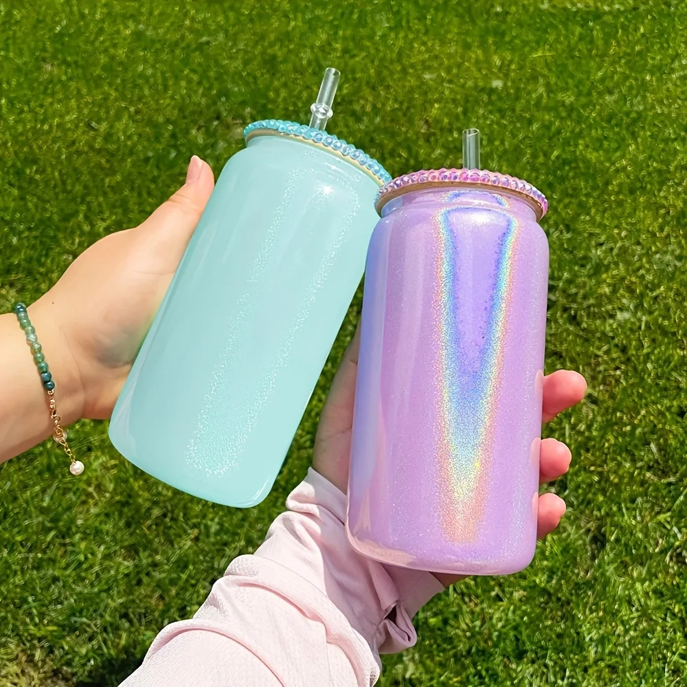Double Wall Glass Cup 16oz Shimmer Glass Cup Sublimation Mason Glass Cups With Lid Straw Beer Glasses Summer Juice Coffee Cup