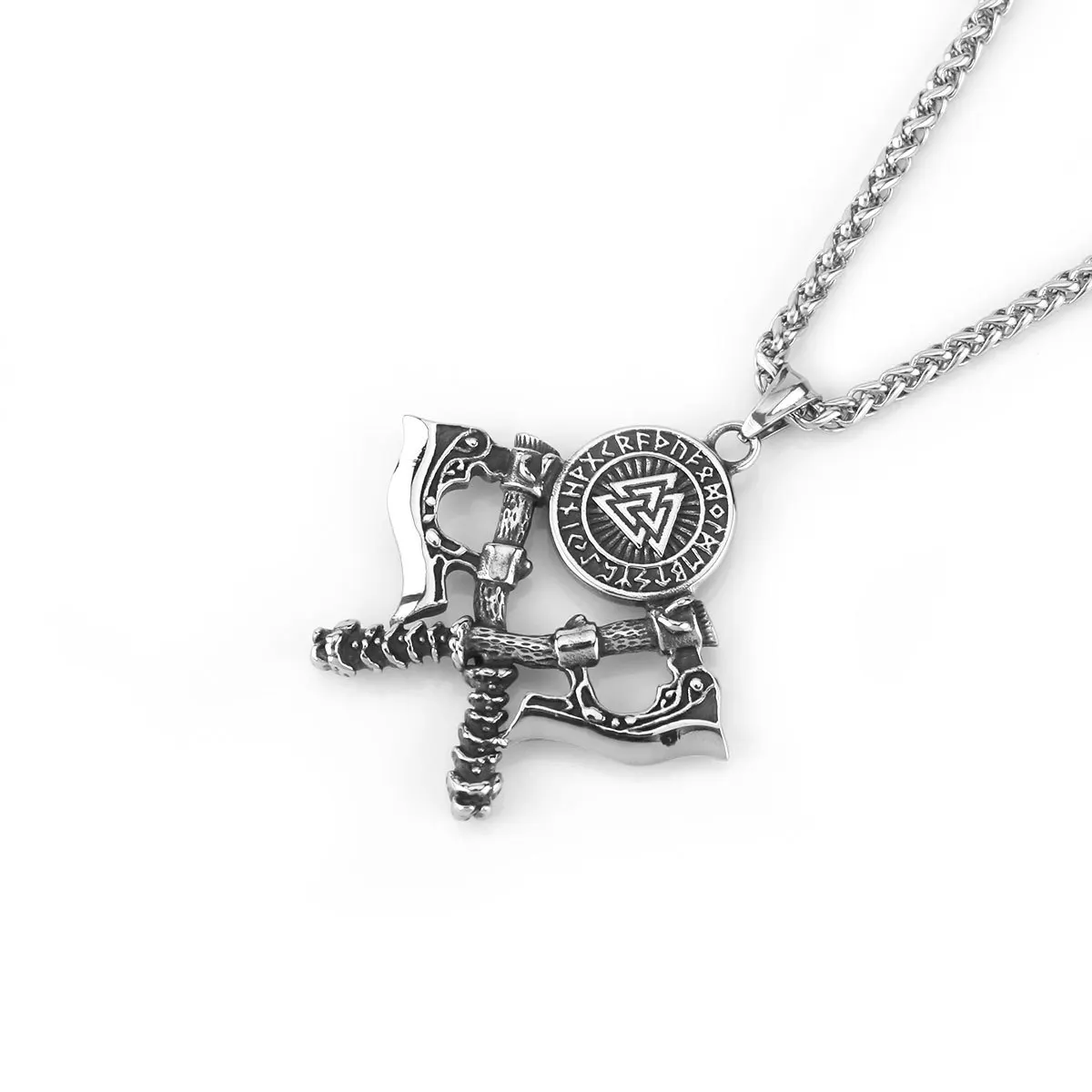 

Nordic Fashion Valknut Rune Viking Warrior Double Axe Stainless Steel Pendant Necklace