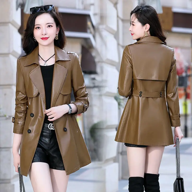 

2023 New Autumn Winter Fashion Pu Leather Jacket Women Med Long Thick Warm Sheepskin Coat Female Waist Double Breasted Outerwear