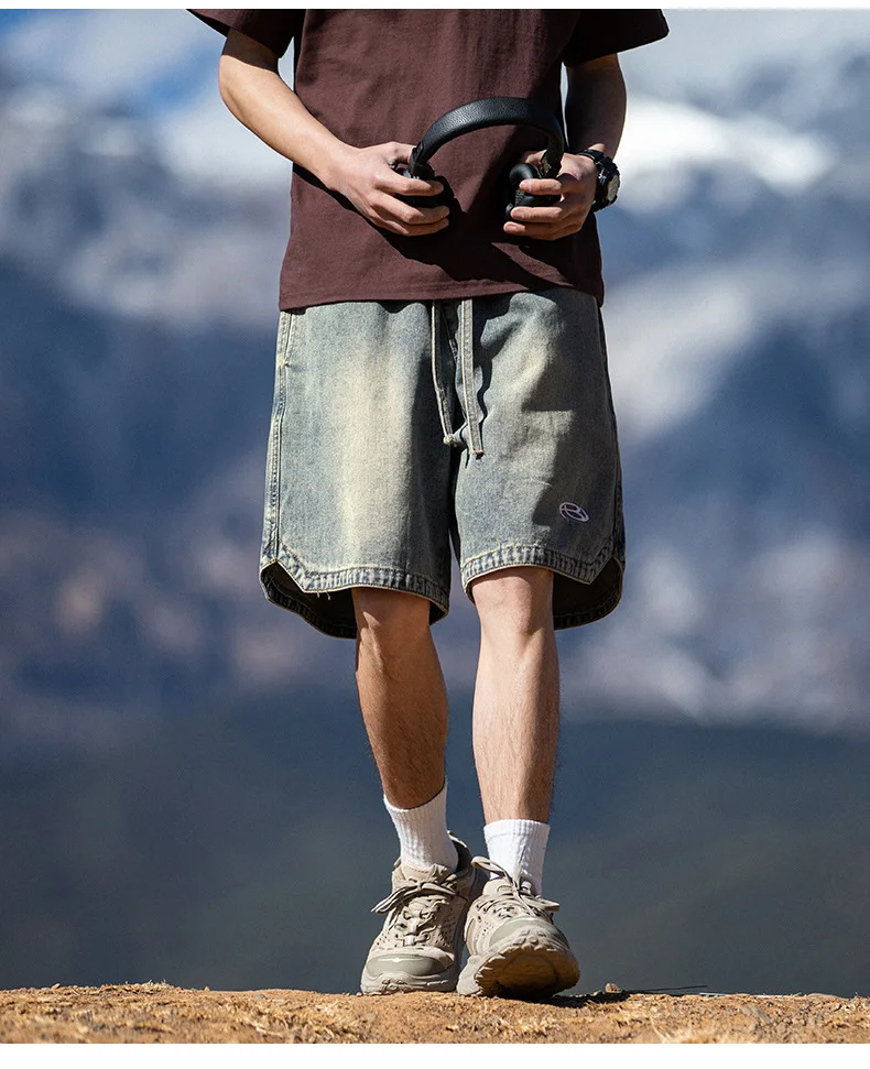 Distressed wash cargo denim shorts embroidered casual loose drawstring cropped streetwear pants