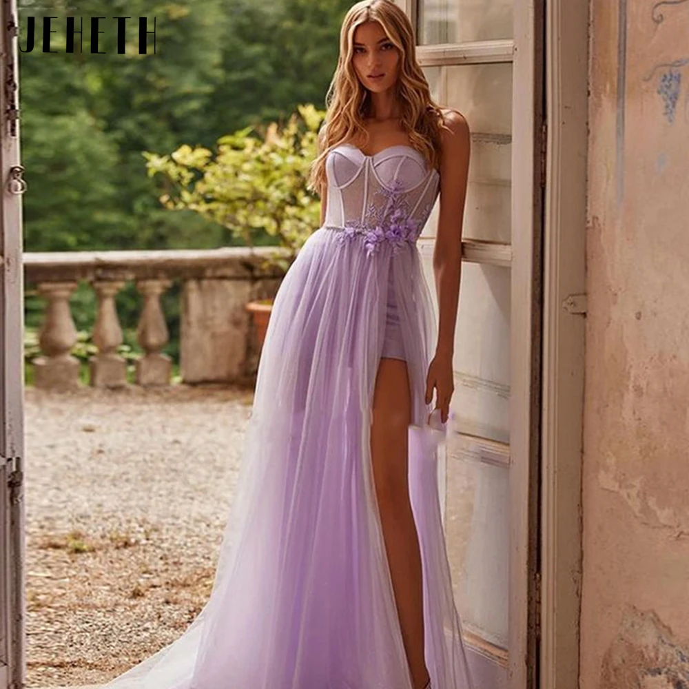 JEHETH Abbigliamento da ballo viola chiaro, decalcomanie, illusione di vestJEHETH abito da ballo in Tulle viola chiaro Applique floreale spacco alto lungo una linea Illusion vestidos de fiesta elegantes para mujer 2023