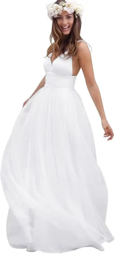 Women’s A Line V Neck Backless Wedding Dresses for Bride Sleeveless Pleated Tulle Bridal Gown with Train Simple Wedding Dress 5