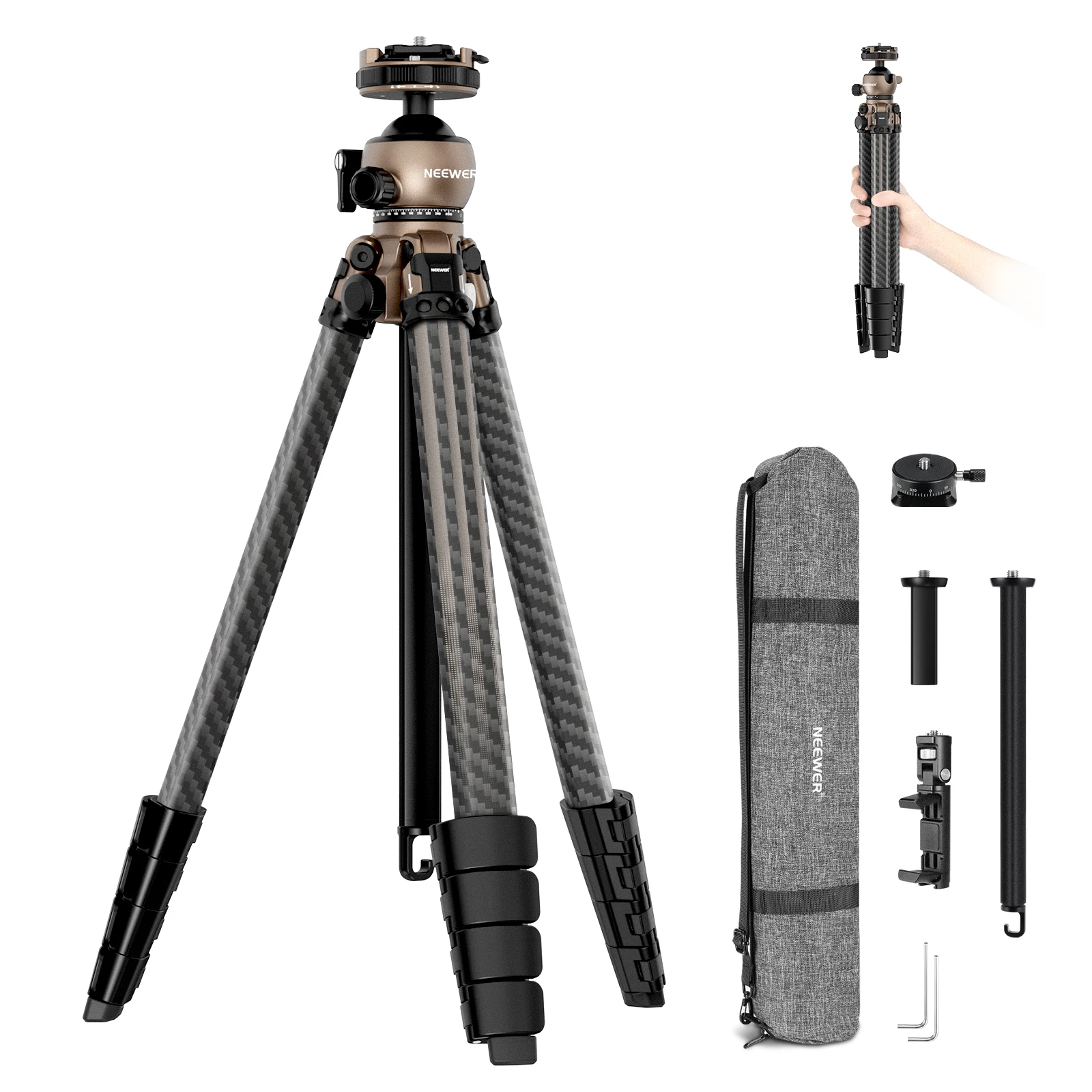 

NEEWER LITETRIP LT35 61" Travel Tripod Carbon Fiber w Pan Tilt Low Profile Ball Head, Arca QR Plate Compatible with Peak Design