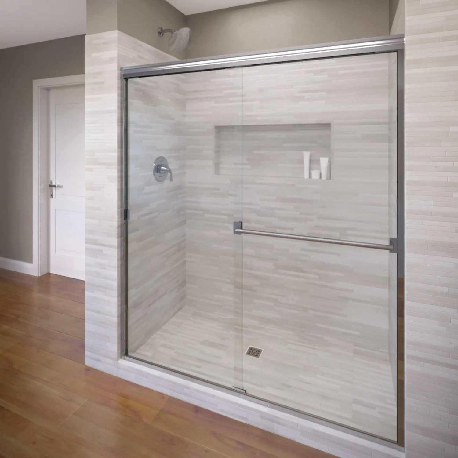 Classic Sliding Shower Door Fits 40 44 inch opening Clear Glass Silver Finish designed to repel water in the shower