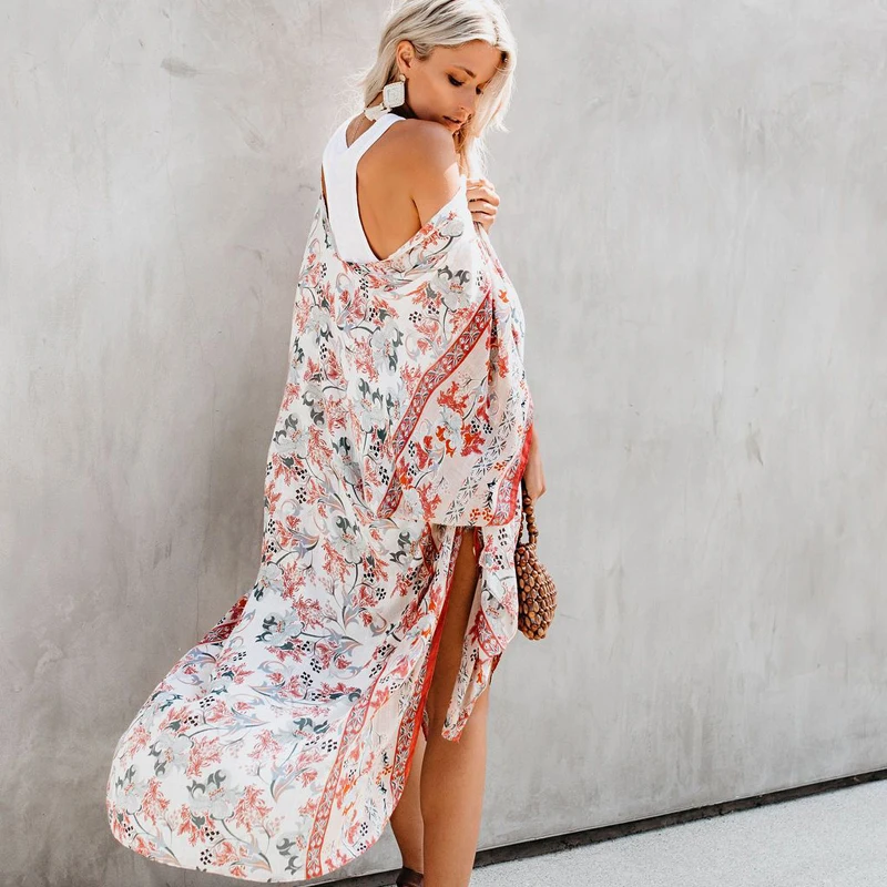 

TEELYNN Vintage Floral Print Kimono Dress for Women Beach Wear Deep V Oversize Cover Up Summer 2022 Half Sleeve Loose Cover-Ups