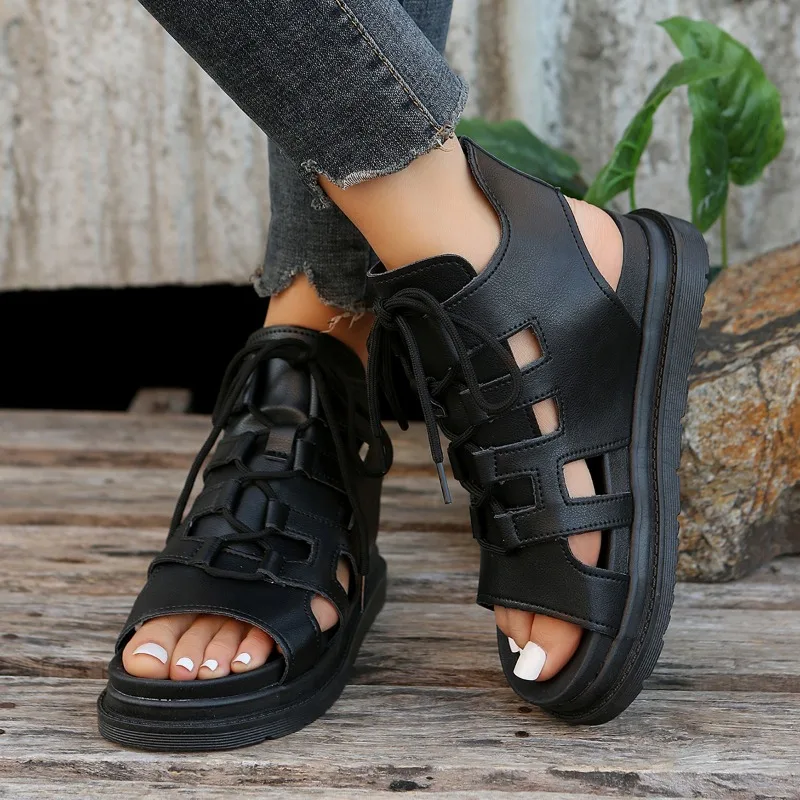 Wedge Heel Thick-Soled Roman Shoes Leather Sandals Summer New Fish Mouth Peep Toe Shoes Women's Sandals
