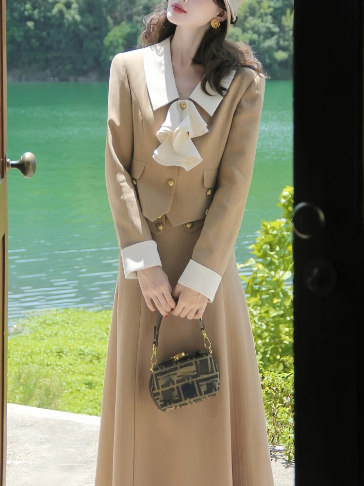

Vintage 2 Piece Skirt Set Women 2023 Winter Office Lady Elegant Party Korean Suits Slim Chic Long Sleeve Tops +Casual Long Skirt