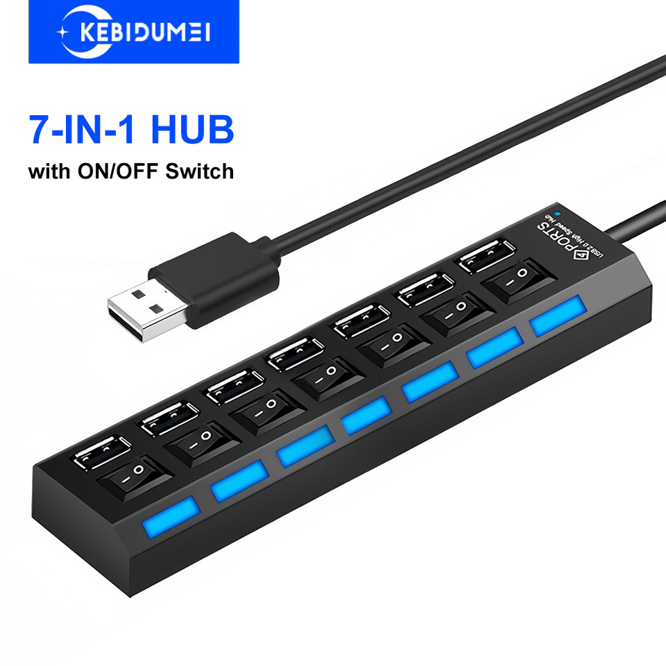 7-in-1 USB Hubs USB Splitter with on/off Switch USB 2.0 480Mbps High Speed Transmission USB Docking Station for Laptop Macbook