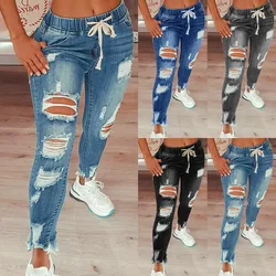 Mulheres com cordão elástico na cintura esteticjeans rasgado buraco denim calças meados da cintura casual lavado branqueado denim lápis calças