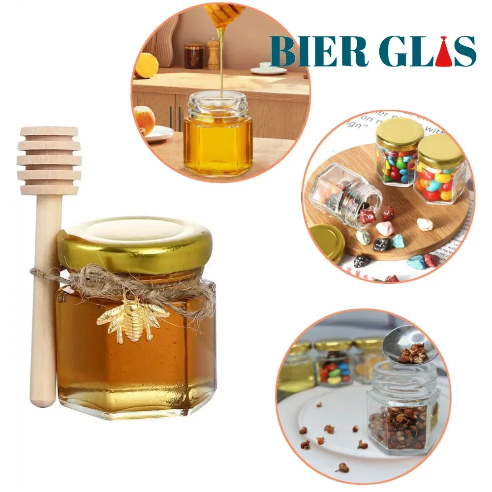 10Pc 15 Pcs 1.5oz Hexagon Mini Glass Honey Jar Wood Dipper Gold Lid Bee Pendant Small Containers Bottles for Jam Candies Pudding