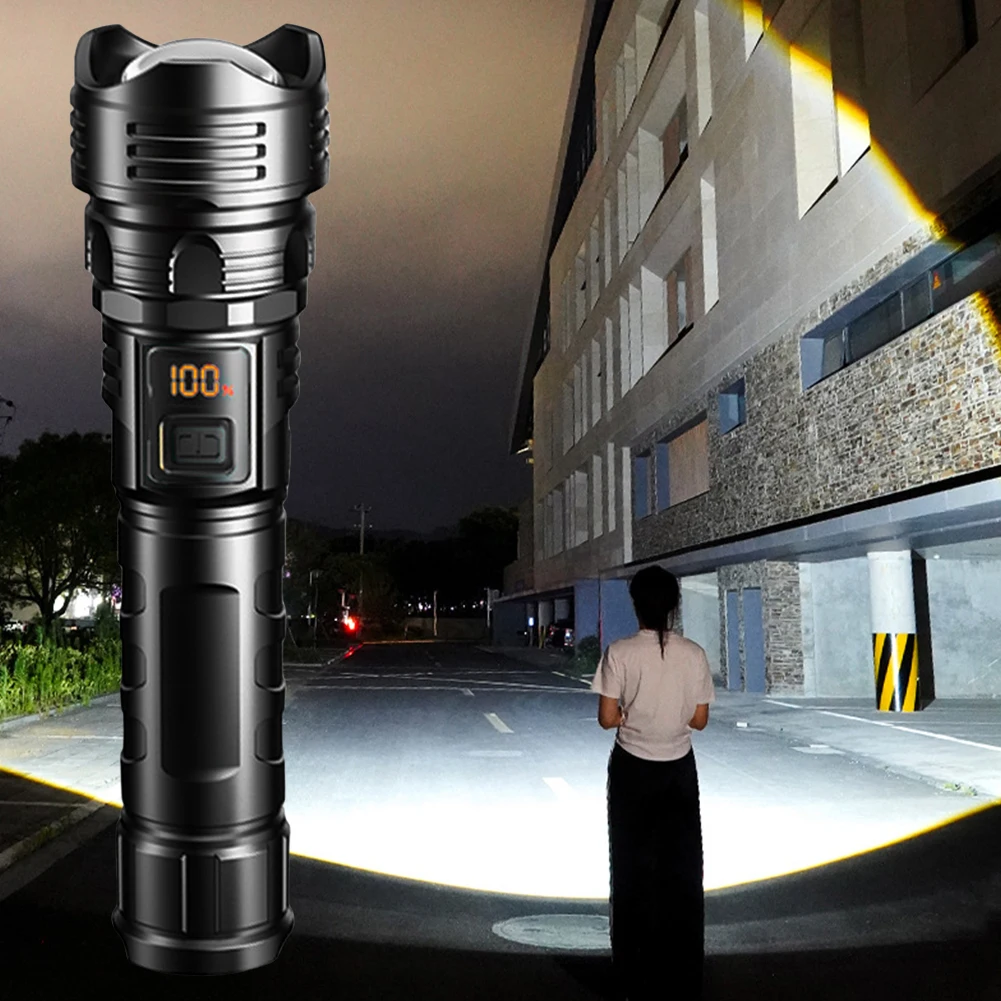줌 가능한 USB 충전 휴대용 LED 손전등 전원 디스플레이, 강력한 LED 손전등, 캠핑 하이킹용 방수, 10W