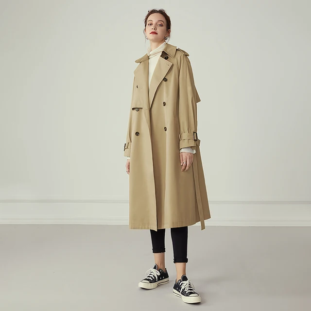  Женский Длинный Тренч из 100% хлопка, с отложным воротником и поясом