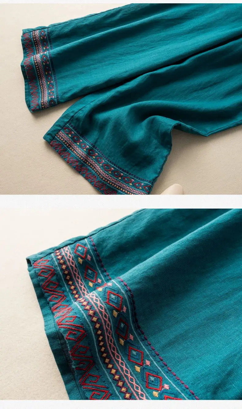 Blaue Stickerei, feste, lässige, elastische, hohe Taille, Baumwolle und Leinen, Damenhose, weites Bein, durchgehende Hose für Damen, Kleidung, Mode – Detail 8