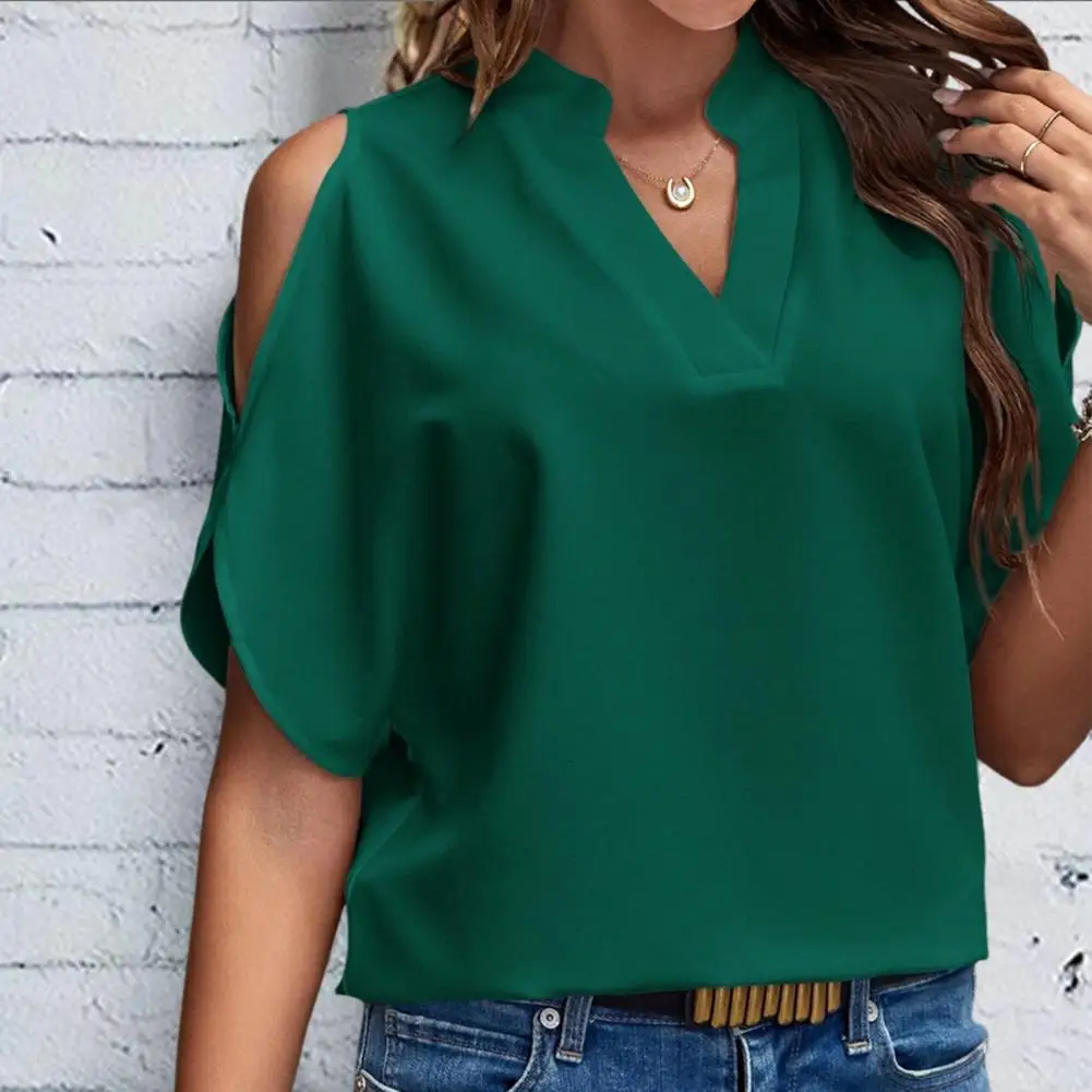 

Women Loose Fit Shirt Stylish Women's Summer Tops V-neck Cold Shoulder Blouse Solid Color Loose Fit Shirt for Fashionable