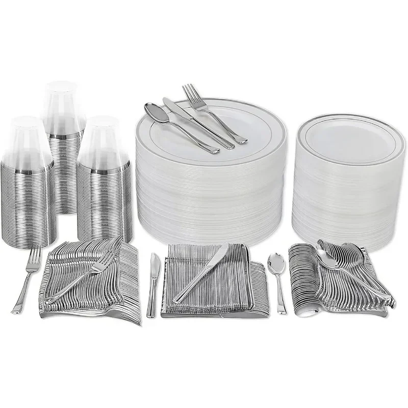 600 Piece Plastic Disposable Dinnerware Set 100 Guests Includes Dinner Plates Salad Plates Knives Forks Spoons Cups