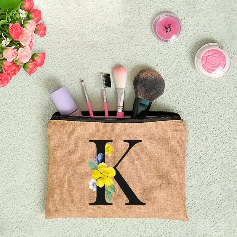 Floral Print Linen Zipper Pouch Cosmetic Travel Organizer