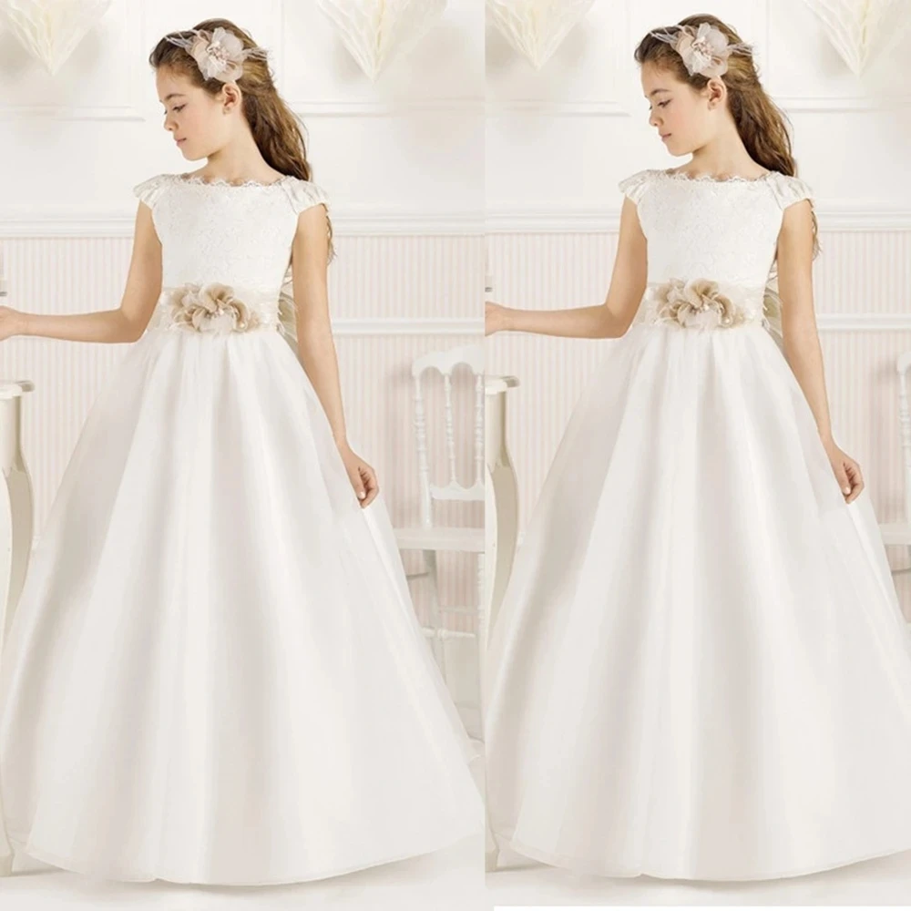 Cap Sleeves Flower Girl Dresses For Wedding Sleeveless Floor-Length Tulle First Communion Dresses for girls