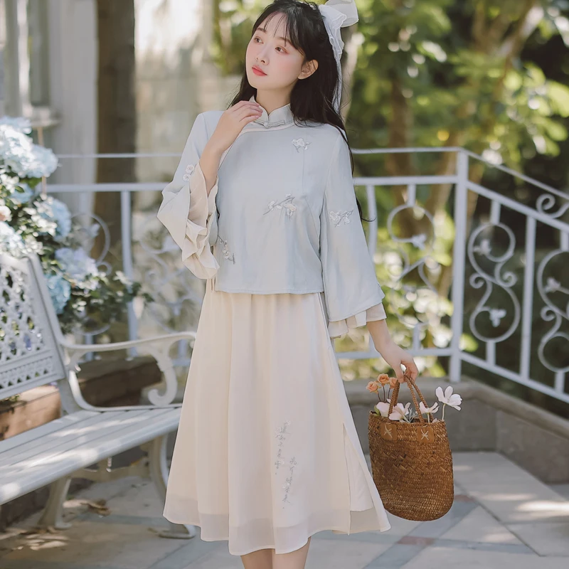 Retro Hanfu inverted big sleeve women's loose small size two-piece set of Republic of China style dress Chinese style cheongsam