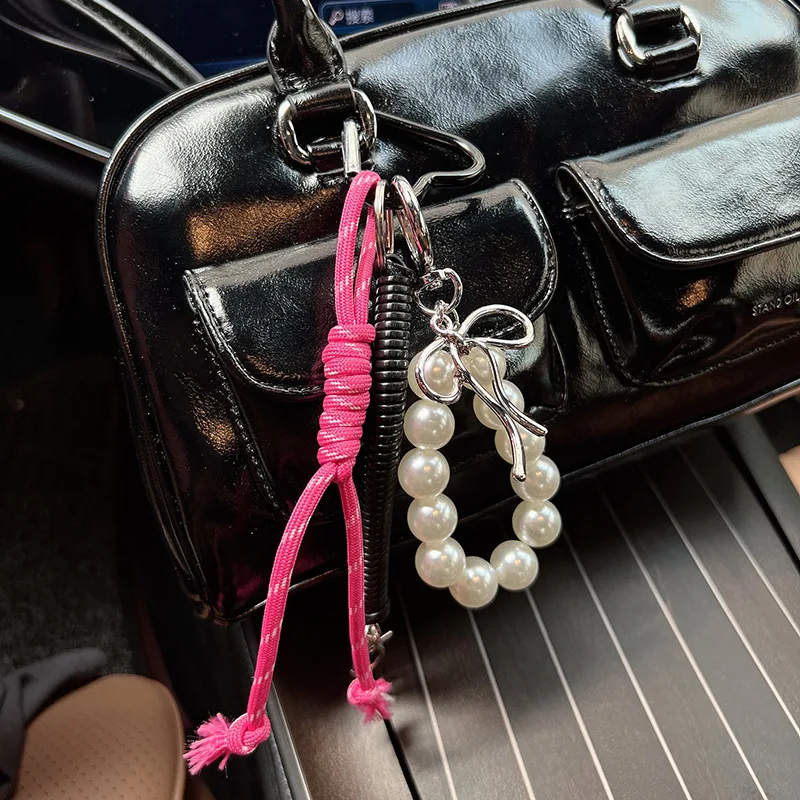 Trendy Pearls Bowknot Key Chain Soft Cotton Woven Lanyard for Keys and Handbags DropShip Women Bag Decoration Pendant