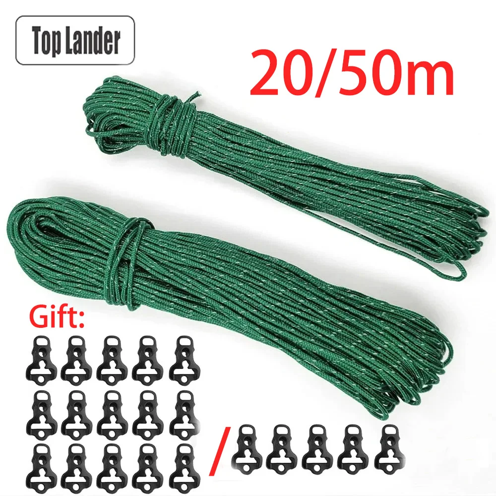 Outdoor Tent Ropes Camping Tent Accessories Camping Tent Fasteners 20m 50m Reflective Tent Rope 2.5mm High Strength Multifunction Guyline Rope Camping Tarp Tent Accessory Clothesline Paracord