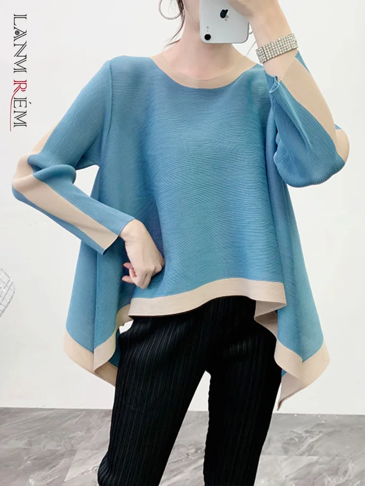 

LANMREM Pleated T-shirt Famale Round Collar Color Block Hem Long Sleeve Fold Irregular Tops Loose Casual Style 2024 Spring YJ745