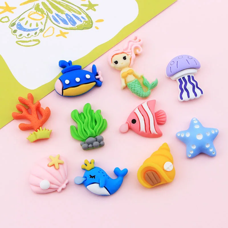 

10pcs Cute Marine Life Flatback Resin Cabochons Scrapbook Craft Kawaii Fish DIY Embellishments Phone Decor Headwear Accessories