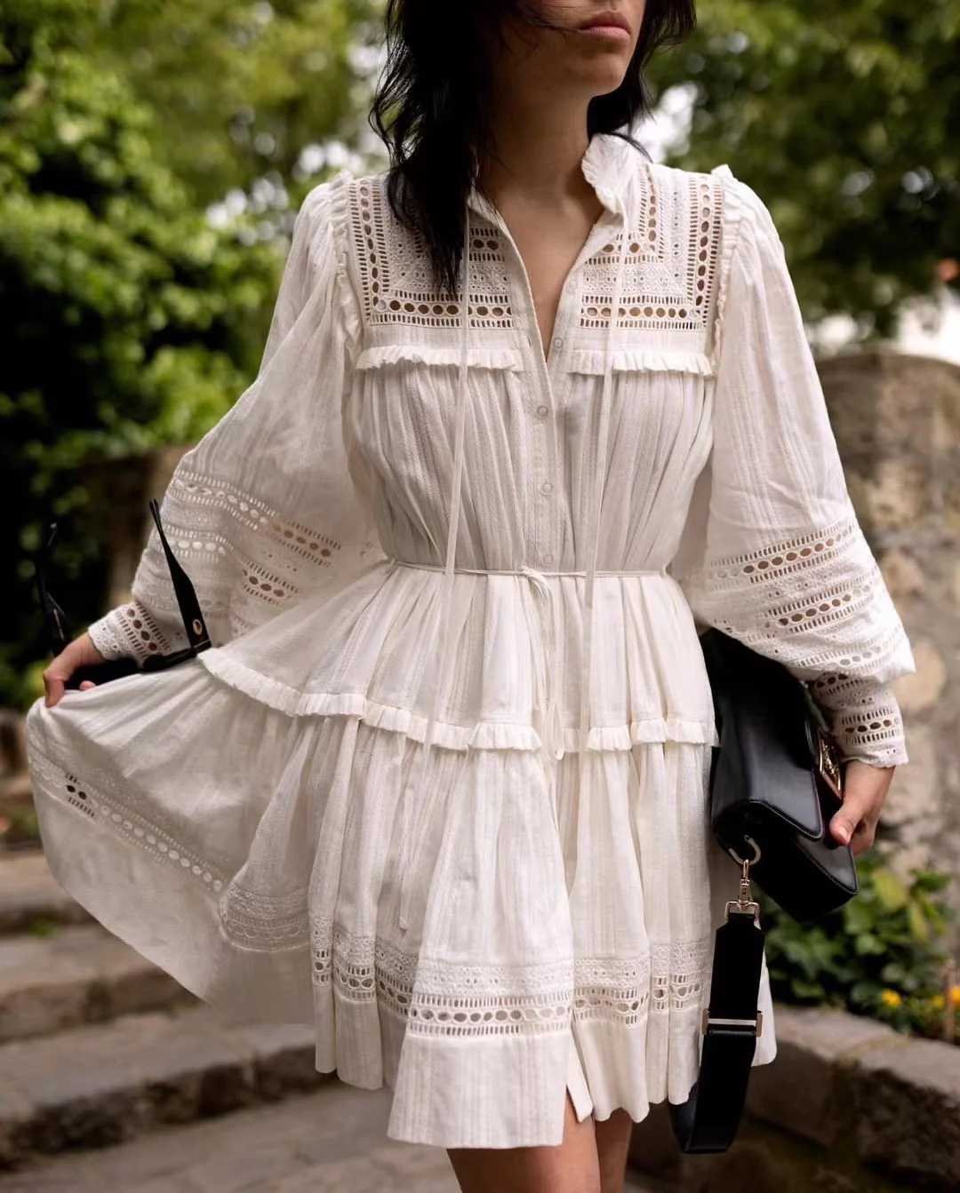 

Women's Ruffled Neck Hollow Out Embroidery Waist Lace-up Ruffles Decoration Mini Dress