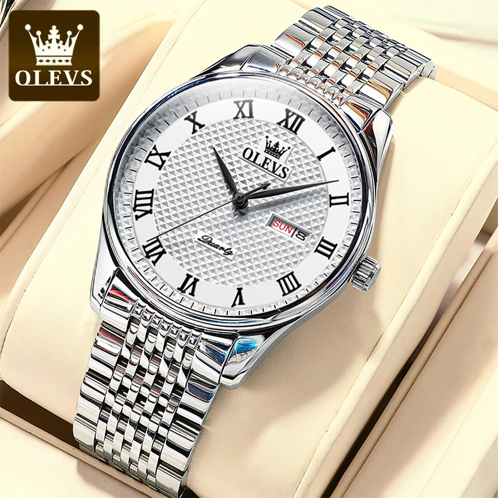 OLEVS Casual Quartz Watch for Men Luxury Silver Stainless Steel Men's Watches Fashion Dual Calendar Waterproof Wristwatch Reloj