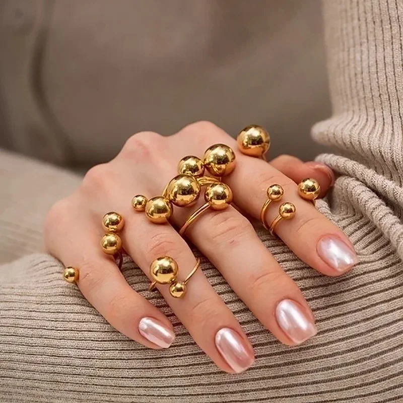 Ring jewelry Irregular Beads Stainless Steel Rings For Women Men Open Adjustable Gold Color Chunky Ball Minimalist Waterproof