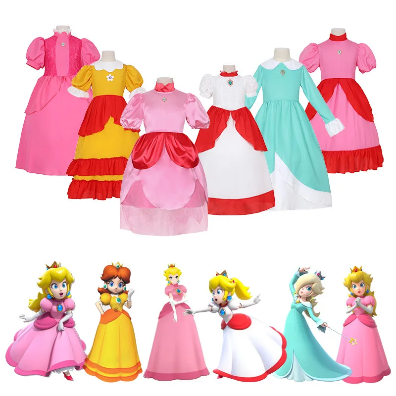 

Peach Princess Cosplay Dress Girl Game Role Playing Costume Birthday Party Stage Performace Outfits Kids Carnival Fancy Clothes