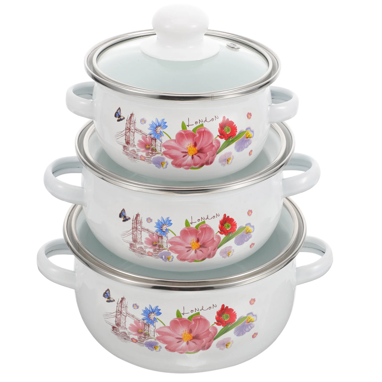 

3Pcs Enamel Stockpot Vintage Cooking Pot Double Handle Stew Pot Household Soup Pot with Lid Random Pattern