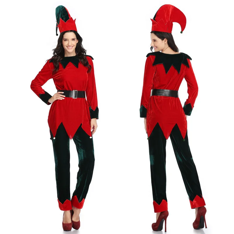 

Christmas Velvet Suit Bright Red Top Dark Green Trousers With Christmas Hat Performance Costume