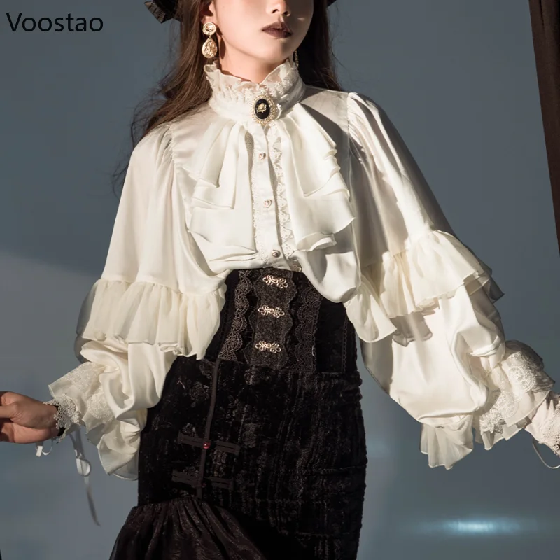 Camicetta Gotica Vittoriana Sweet Lolita Donna - Maniche Lunghe A Sbuffo, Colletto Con Cravatta, Orlo Asimmetrico Corto-Davanti E Lungo-Dietro, Taglie S-3XL - 4