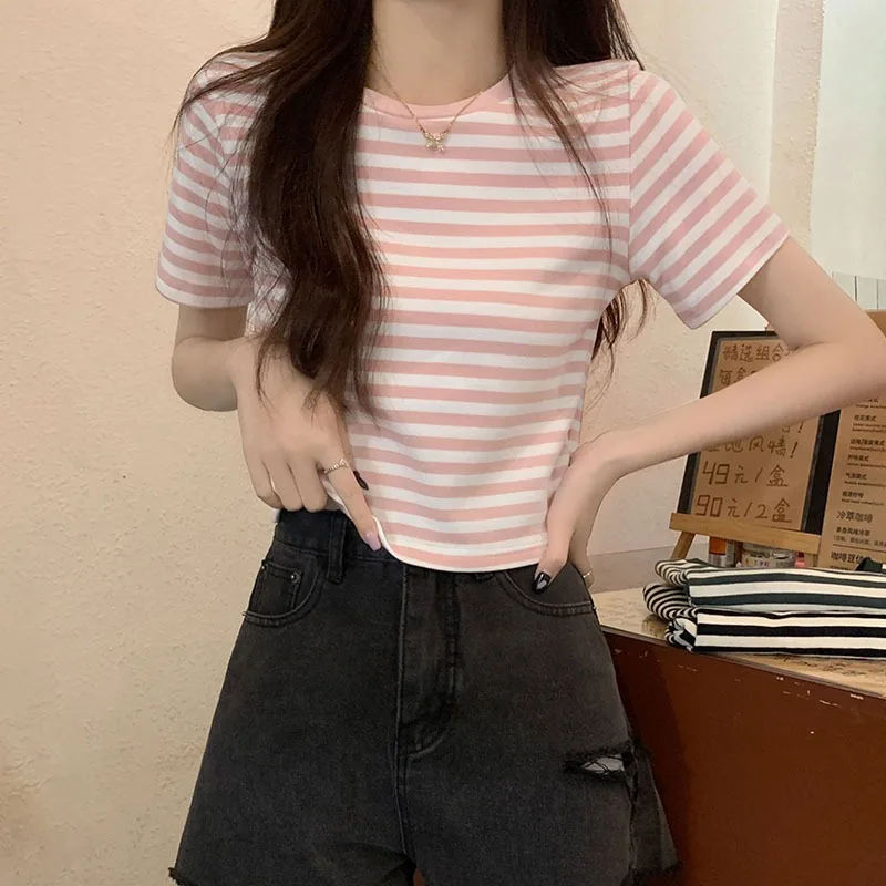 

New Fashion 2024 Women Tops Stripe Splice Spring Summer T- Shirt Female Clothing Sexy Crop Top Clothes Casual Blouse Y2k Girl