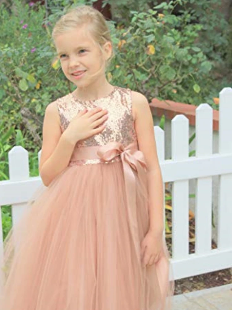 

Flower Girl Dresses Champagne Tulle Puffy Heart Cutout Sequin Top With Bow Belt Sleeveless For Weding Birthday Princess Dress