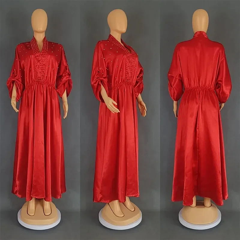 

2024 Satin African Dresses For Women Elegant New Muslim Fashion Abayas Dashiki Robe Kaftan Midi Dress Turkish Africa Clothing