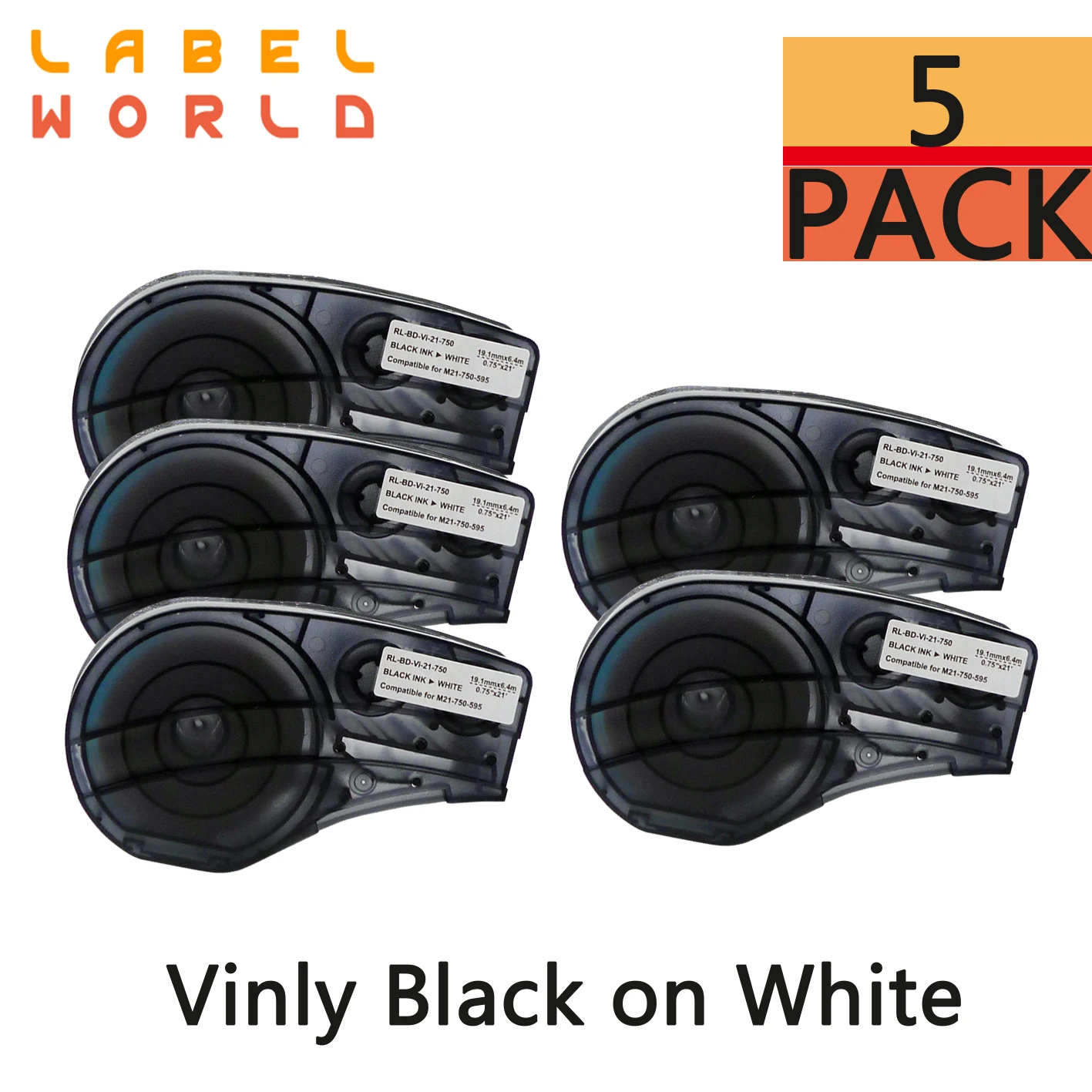 

5PK-20PK Vinyl Label Cartridge Tape Compatible M21-750-595 19.1mm Black/White 3/4' for Brady BMP21-Plus BMP21-LAB Label Printer